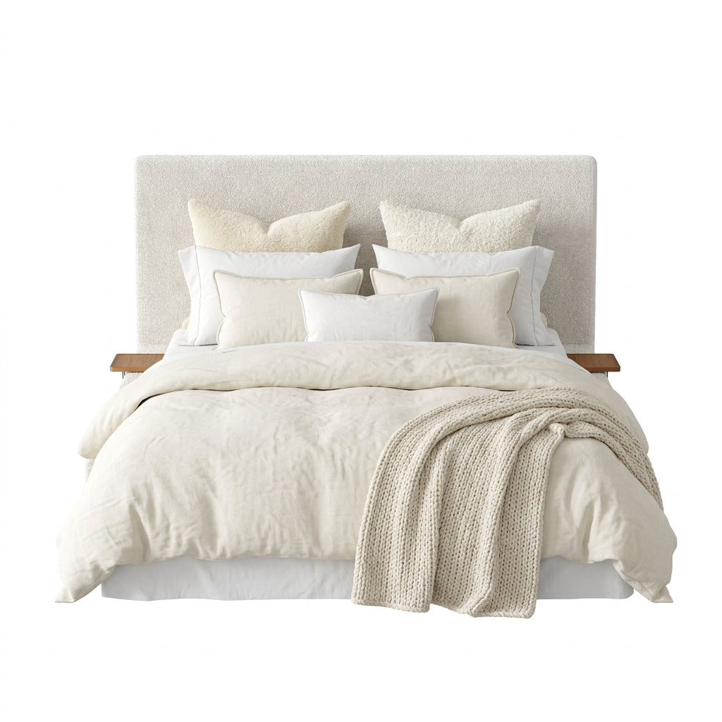 Cream Chenille Queen Bed with Sliding Side Trays – OROA, view 1