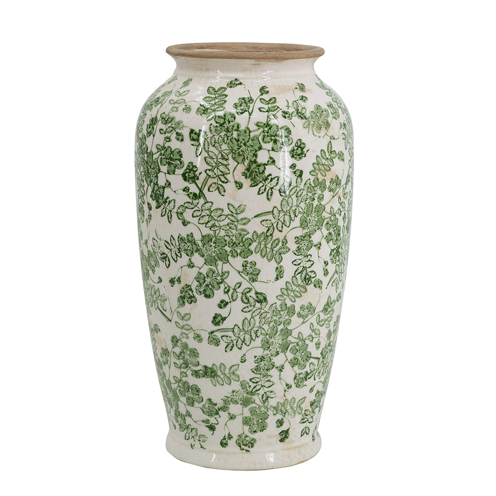 White Ceramic Flower Vase with Green Floral Pattern - OROA