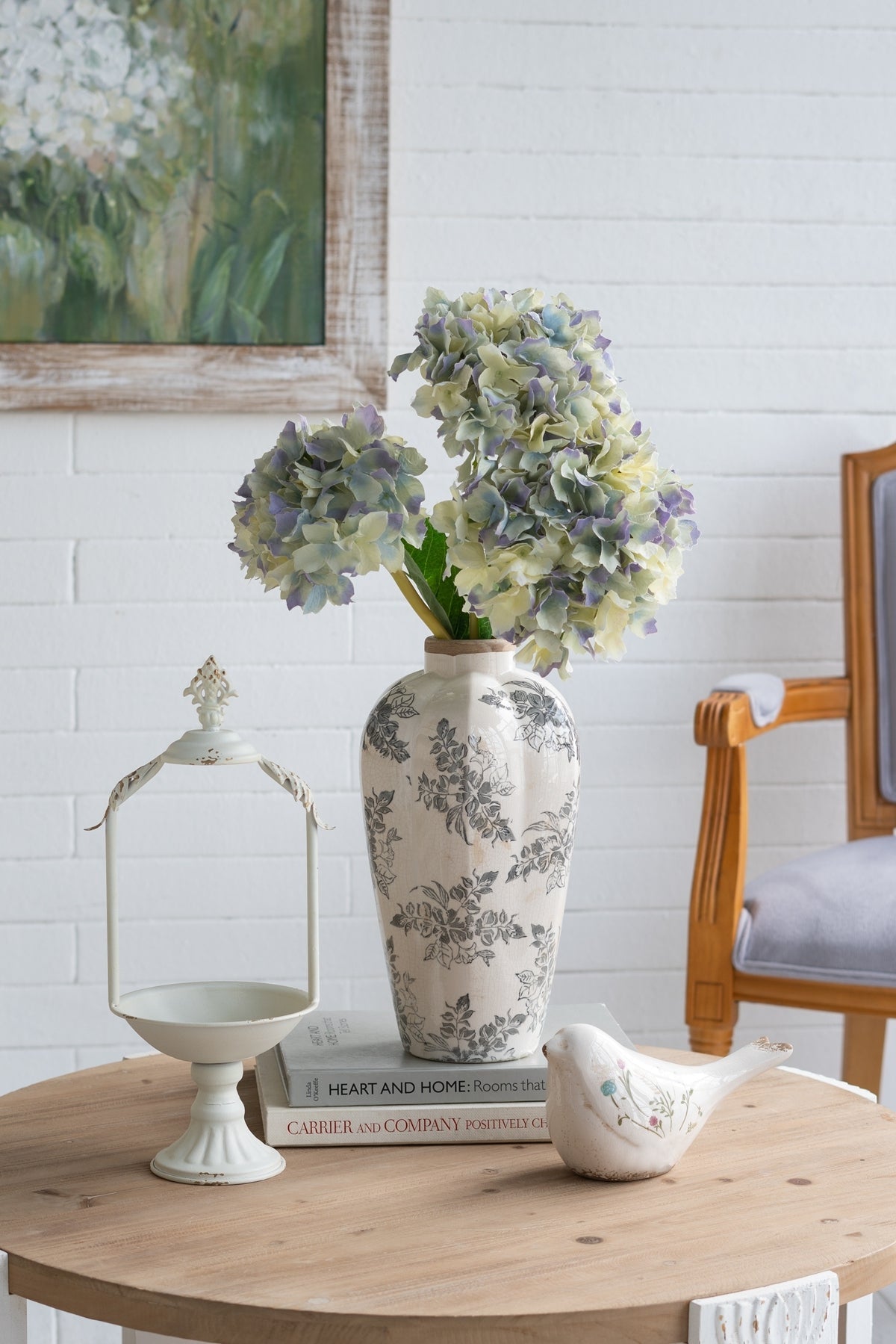 White Ceramic Accent Vase with Gray Floral Design - OROA