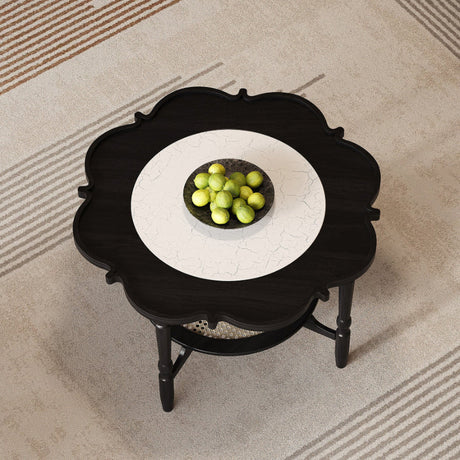  Black Petal Coffee Table with Rattan Shelf