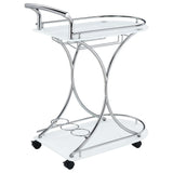 Allen 2-Tier Glass Shelf Bar Cart with Stemware and Wine Rack, White and Chrome Metal - OROA Modern Furniture