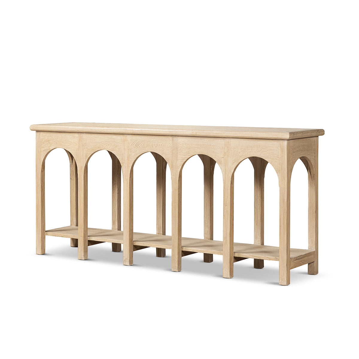 Natural Reclaimed Elm Console Table with Arched Base — three-quarter view