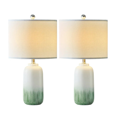 Green Ceramic Dimmable Table Lamps — lit pair on a white background