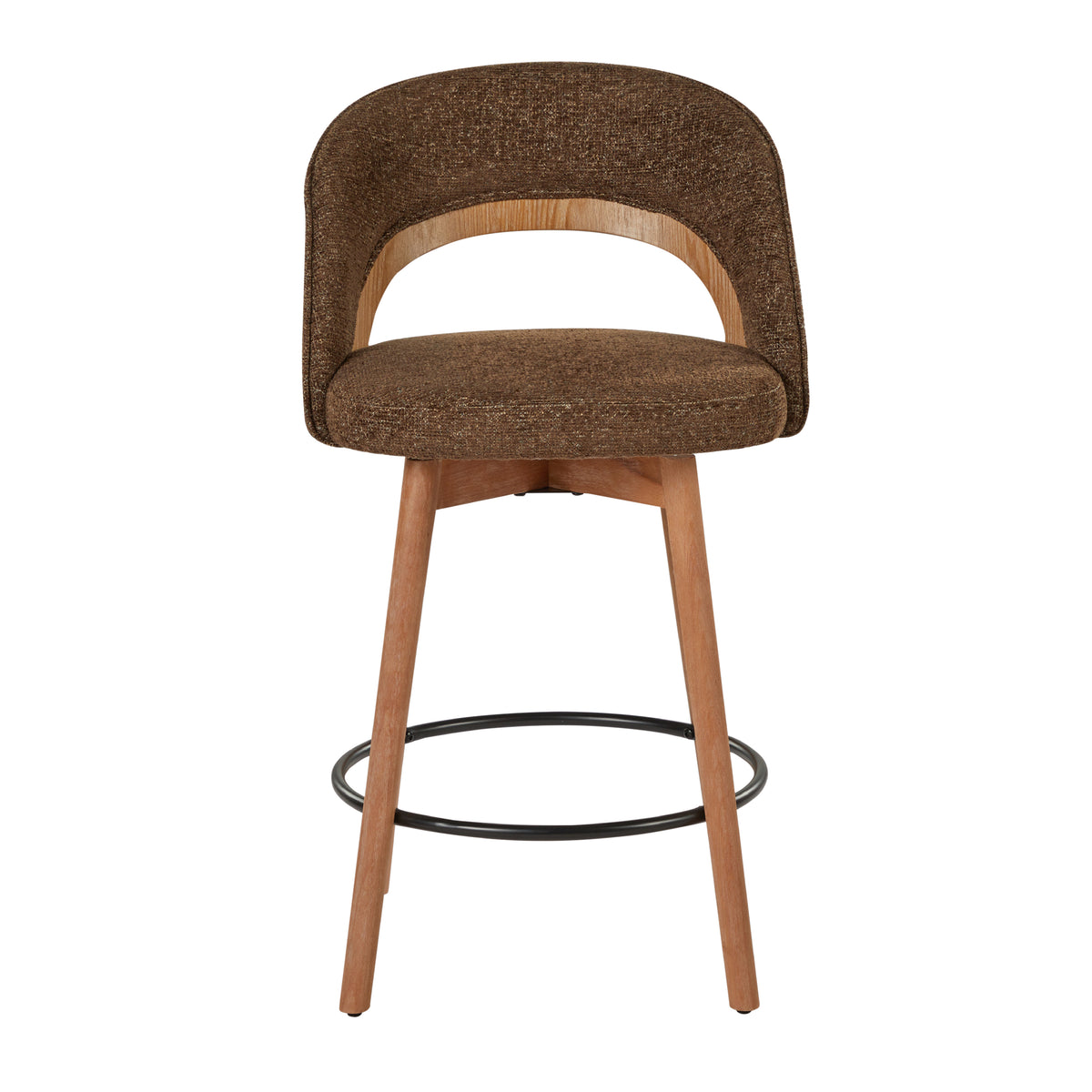 Dark brown upholstered counter stool with wood legs — front view