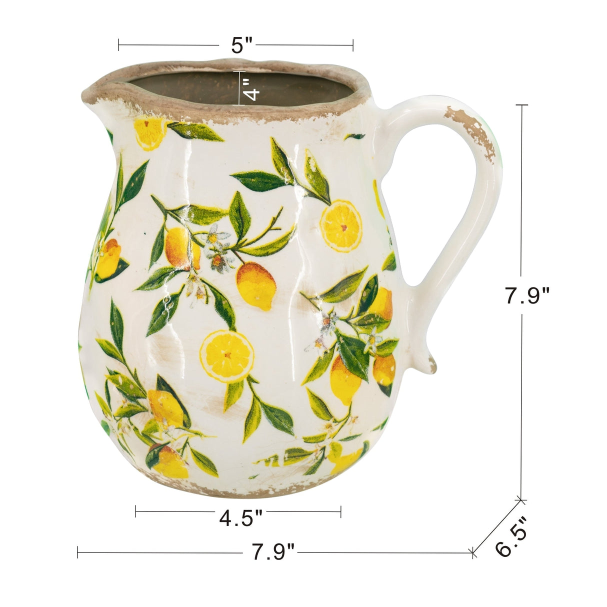 White Ceramic Pitcher Vase with Lemon Motif - OROA