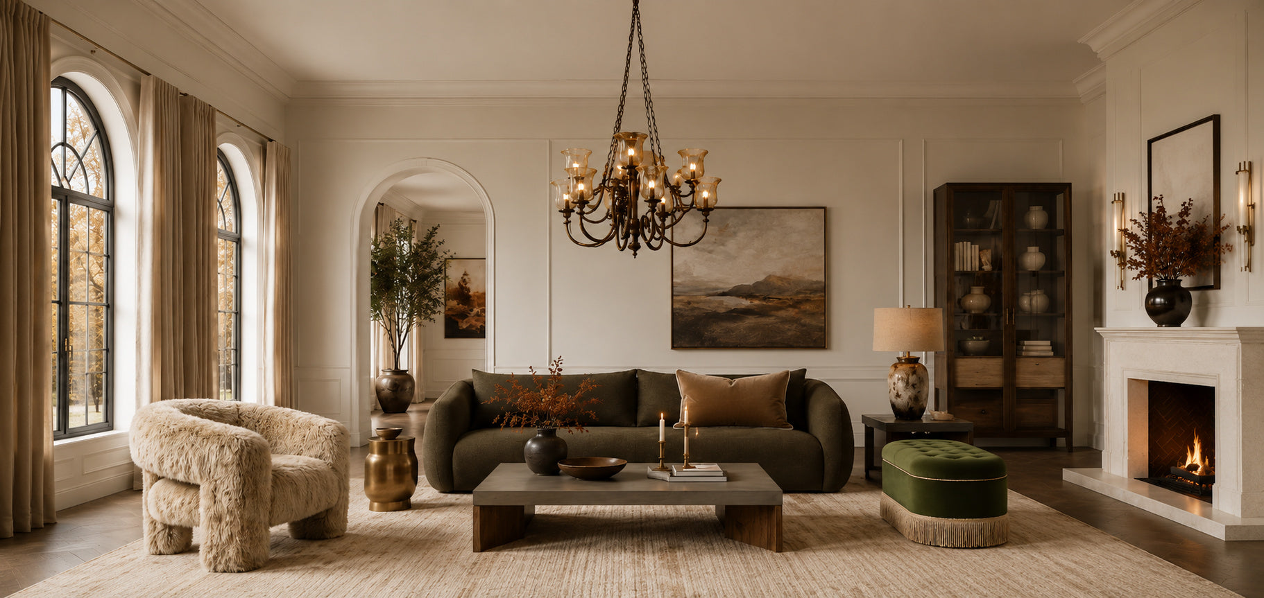 Collected living room with a deep green sofa, stone coffee table and warm fall light