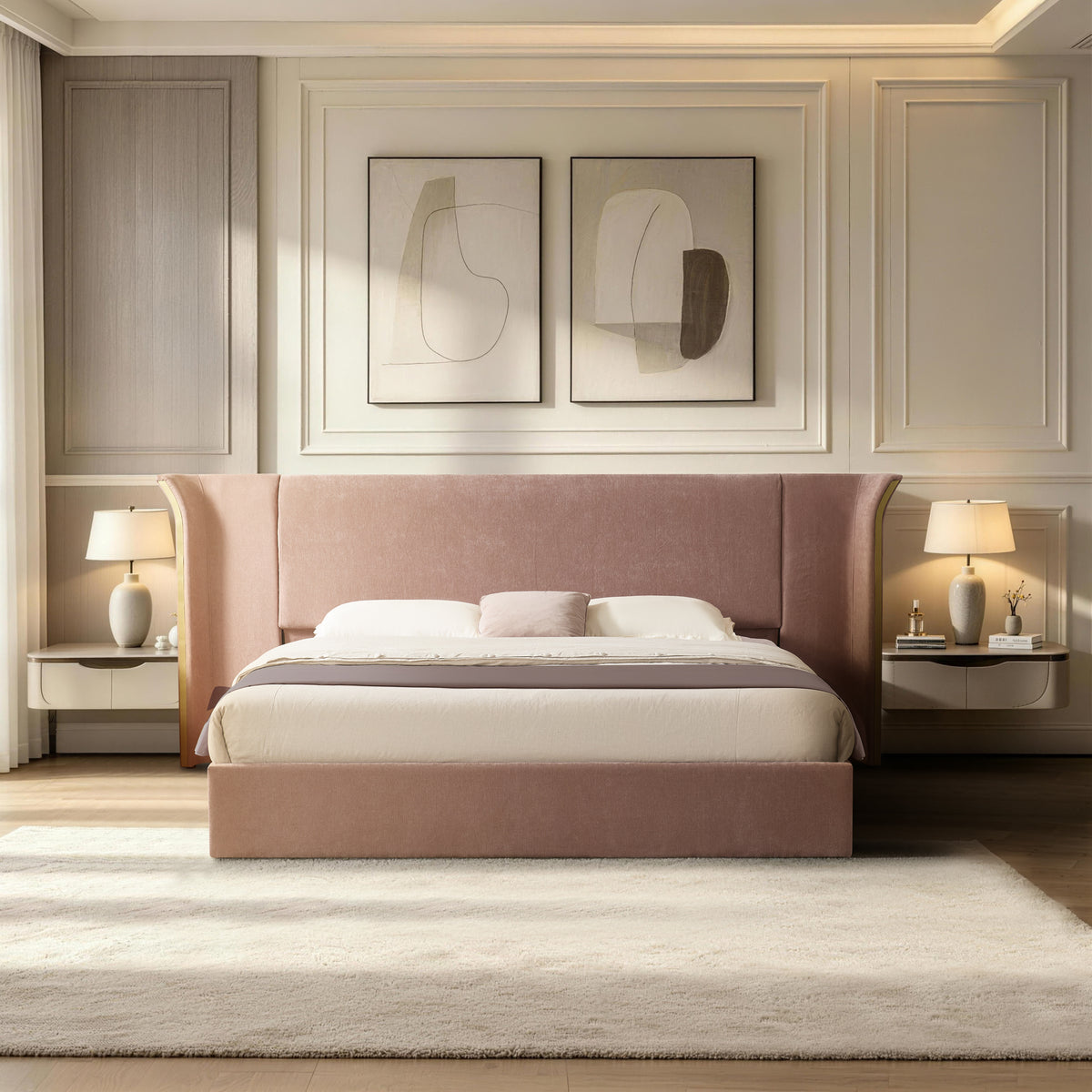 Pink Chenille Wingback King Bed – OROA, view 3