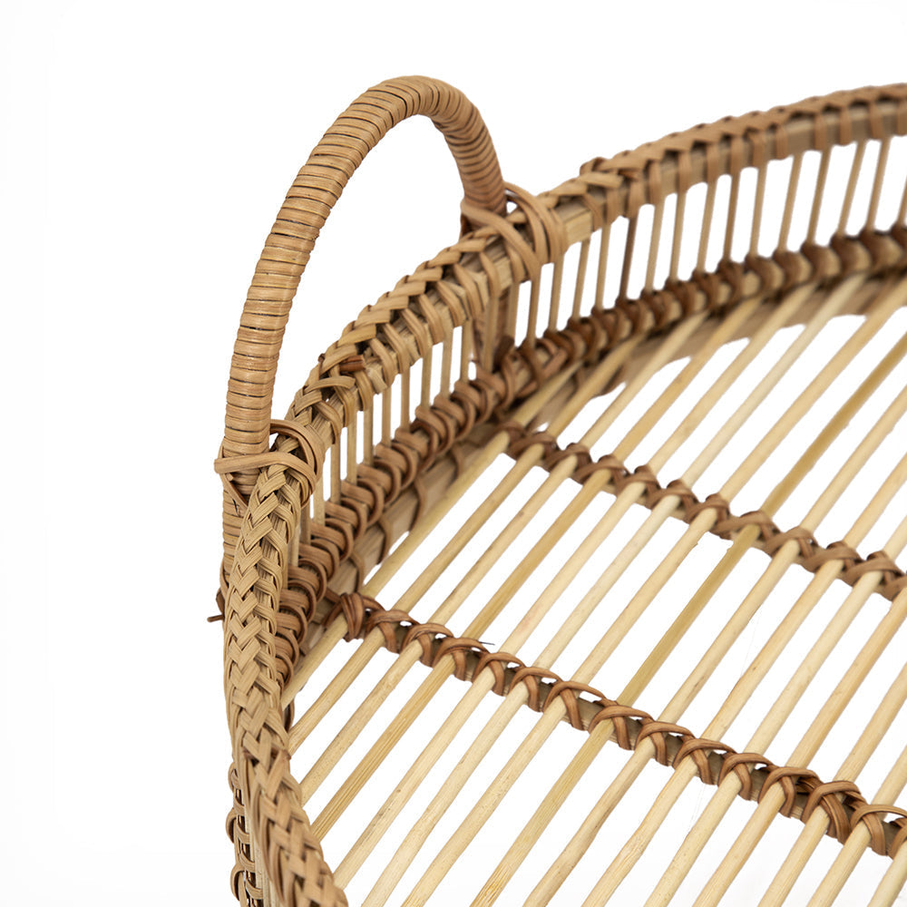 Round Decorative Brown Bamboo Woven Trays with Handles (S/3)