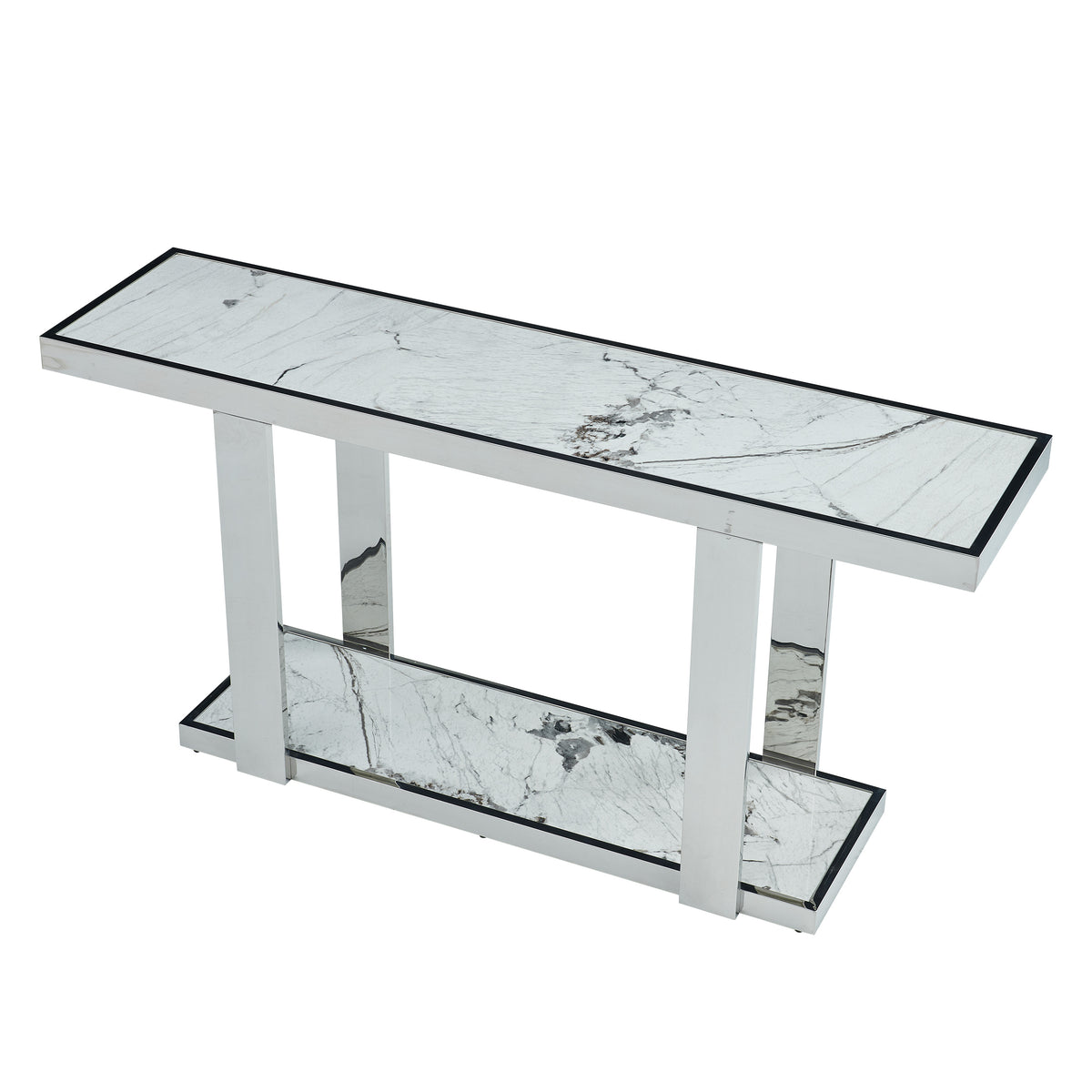 Silver and White Marble Look Two Tier Console – OROA, view 4