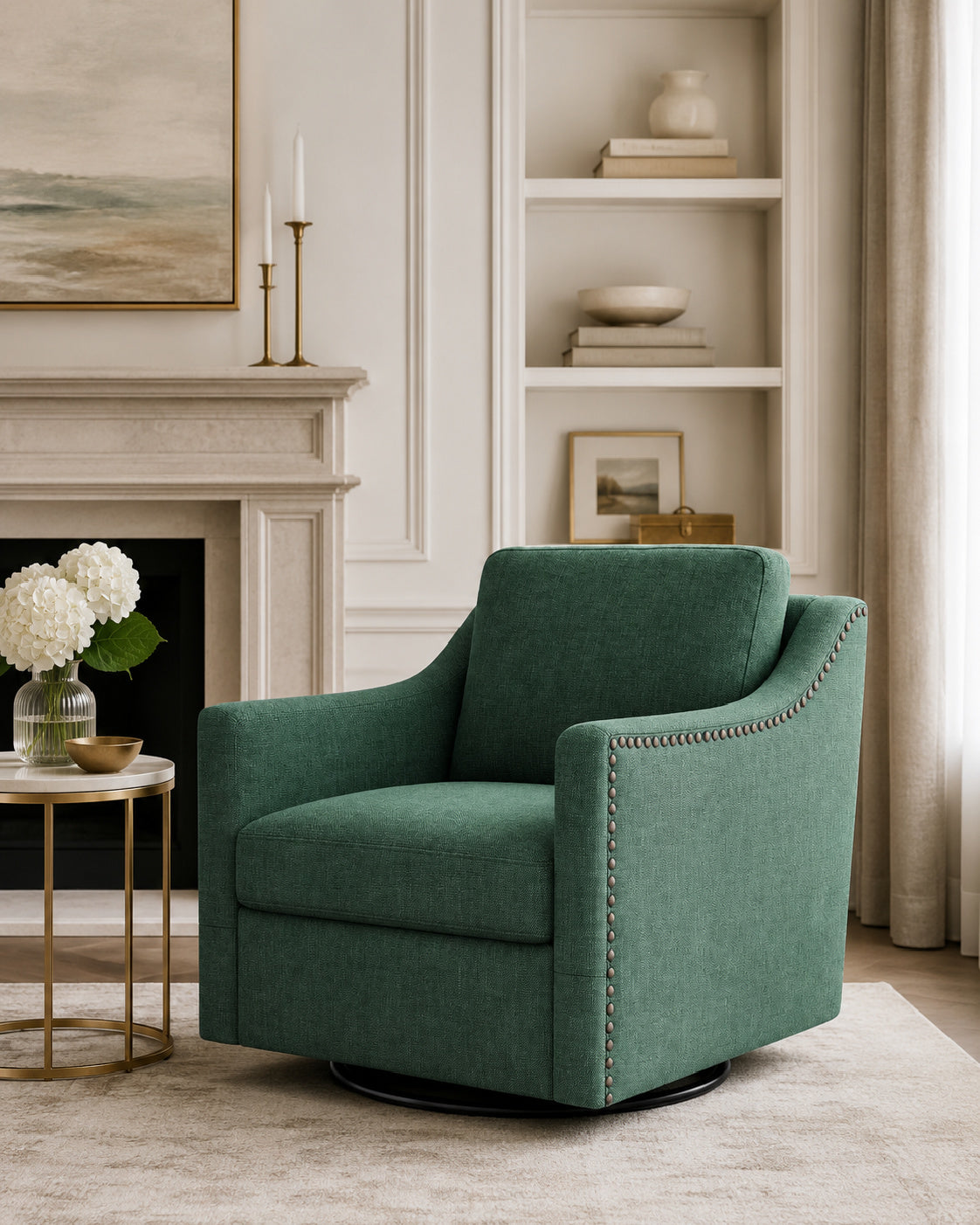 Linen Swivel Armchair, Brass Nail Detailing - OROA
