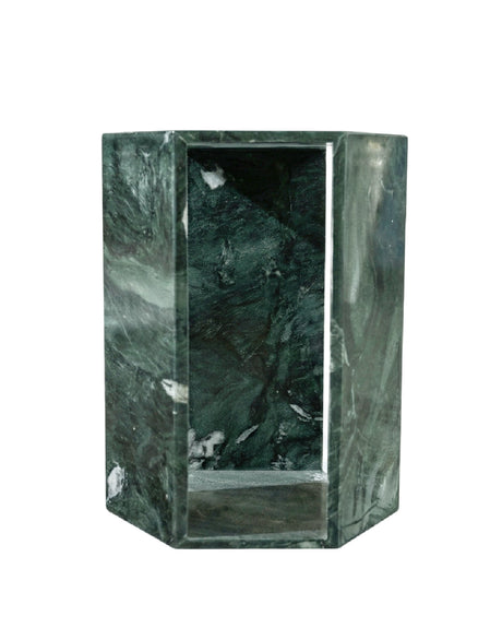 A green marble geometric side table or pedestal with a hexagonal shape and an open center- OROA