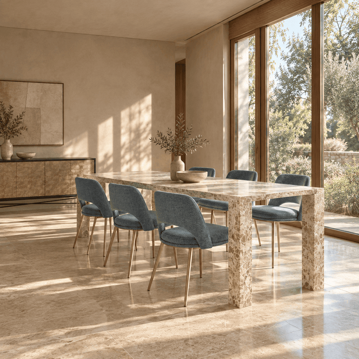 Luxury dining room featuring a horizontal rectangular six-seat dining table in a spacious elongated room with warm ivory plaster, rich walnut details, natural stone flooring, and bright daylight.
