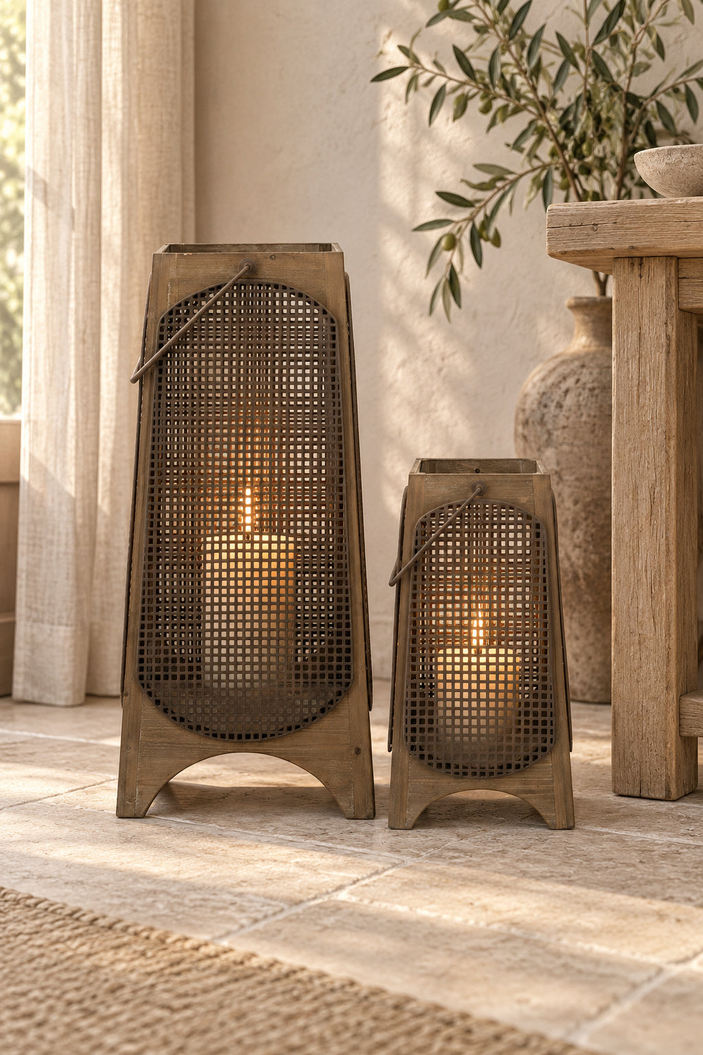 Weathered Farmhouse Brown Mesh Lantern Set (2) | OROA