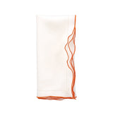 White Linen Napkins With Orange Ruffled Hemstitch Edges, Set of 4