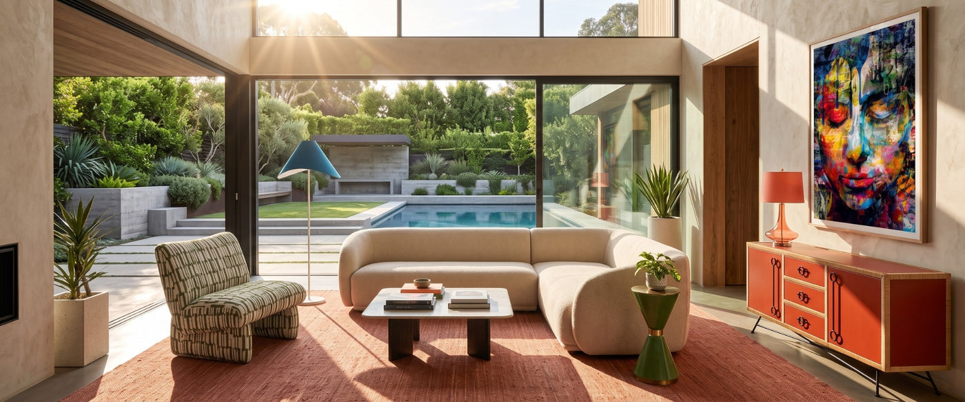 Modern Eclectic living room by OROA featuring bold furnishings, layered textures, and artistic décor.