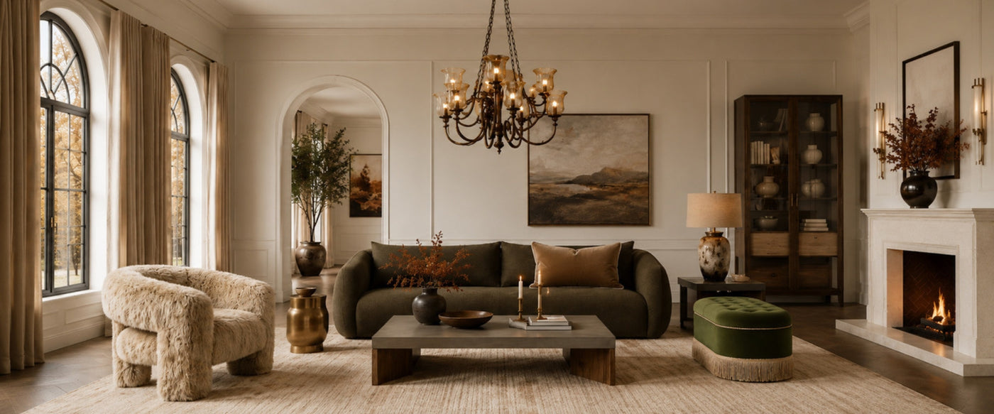 Fall-inspired living room by OROA featuring warm furnishings, textured fabrics, and autumn-inspired interior design.