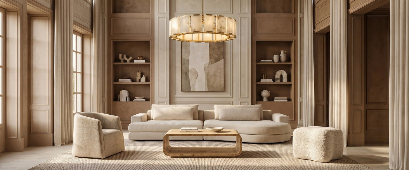 Modern Luxe living room by OROA featuring sculptural furniture, layered textures, and refined finishes.