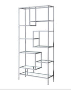 Metal bookshelf with multiple shelves on a white background