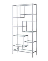Metal bookshelf with multiple shelves on a white background