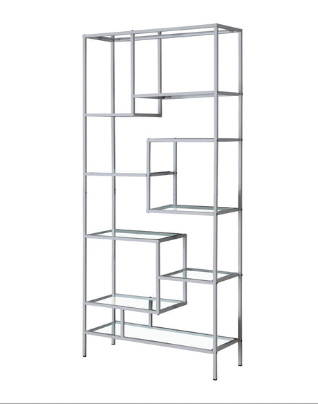 Metal bookshelf with multiple shelves on a white background