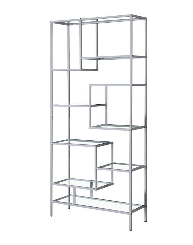 Metal bookshelf with multiple shelves on a white background