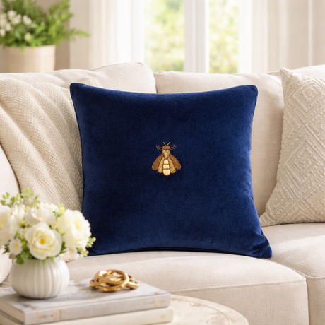 Navy Bee Silk Velvet Throw Pillow Cover 20 X 20