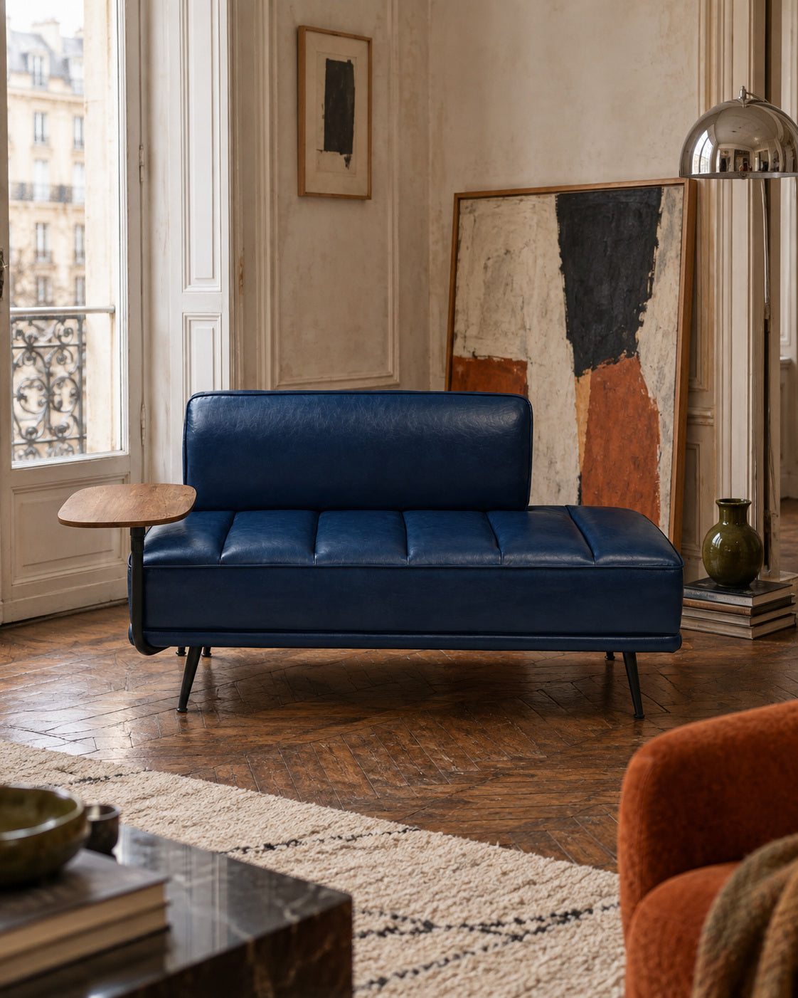 Blue Leather Look Two-Seat Bench with Side Table | Catchy
