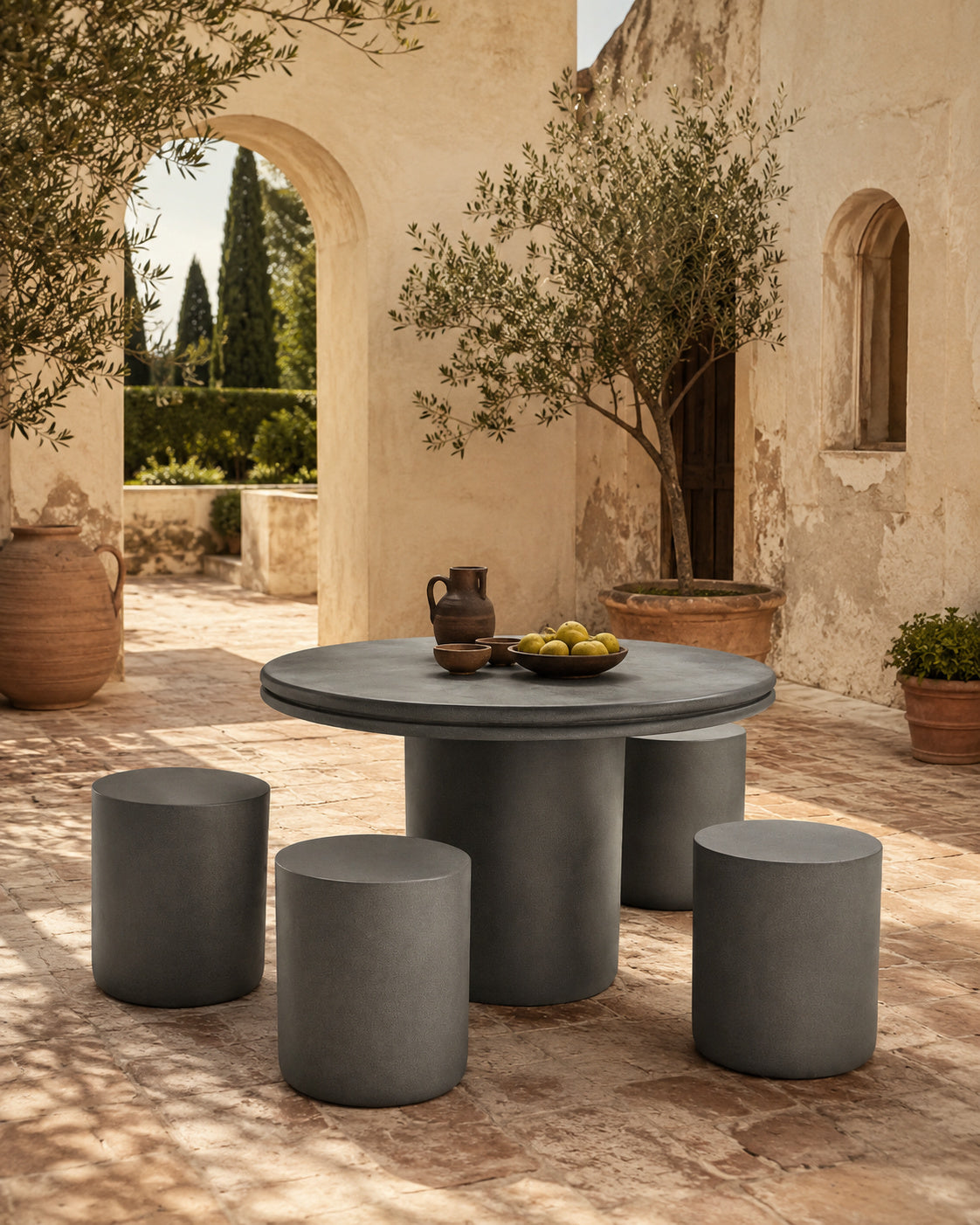 A round outdoor dining table with four matching cylindrical stools in a warm stone courtyard, styled with a small pitcher, bowl, and fruit on top.