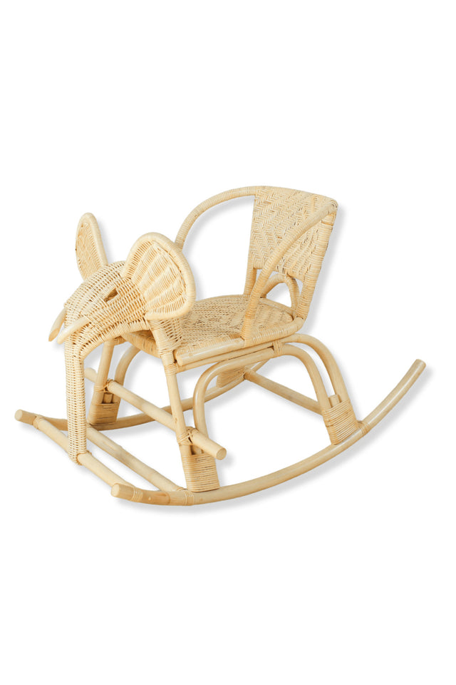 A natural rattan rocking chair shaped like an elephant, featuring a woven seat, backrest, and ears, mounted on curved wooden rockers - oroa