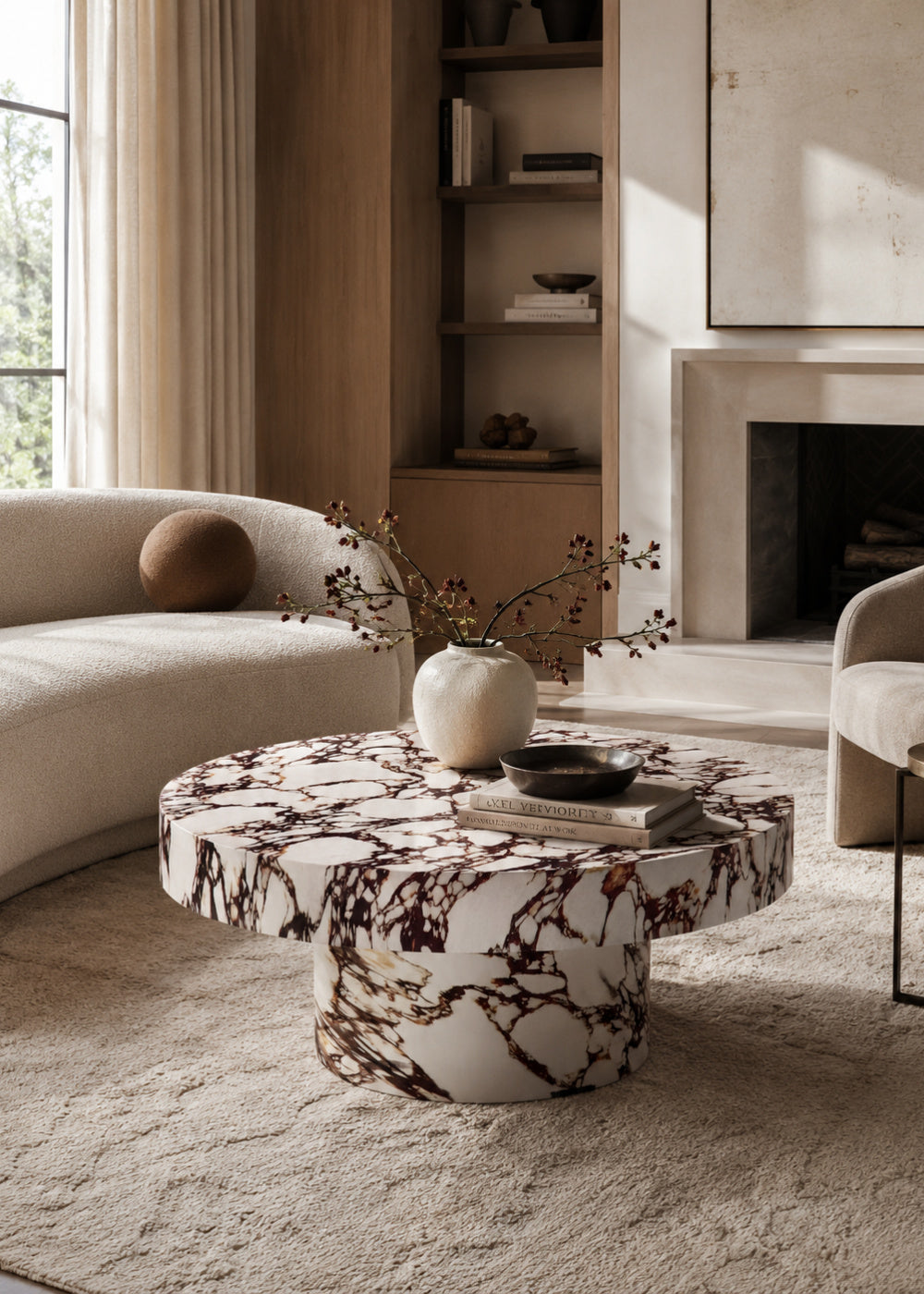 A round coffee table with a white marble base featuring dark brown and black veining.