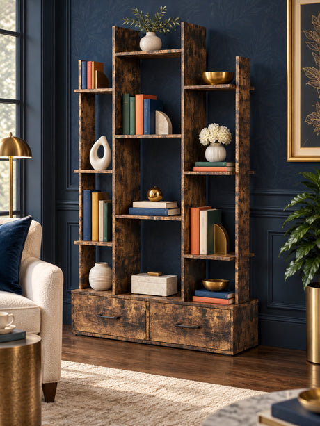 Industrial Rustic Brown 2 Drawers Bookshelf | OROA