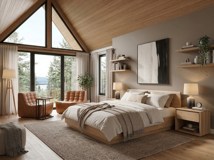 Modern bedroom with large windows, wooden furniture, and neutral color scheme by OROA.