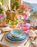 pink decanter and blue plates - www.oroa.com