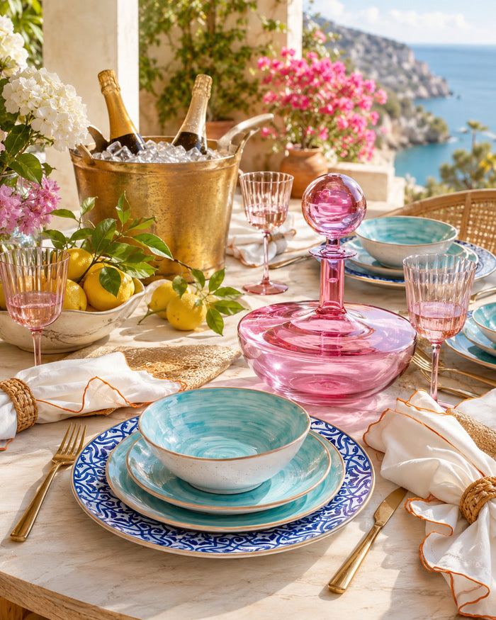 pink decanter and blue plates - www.oroa.com