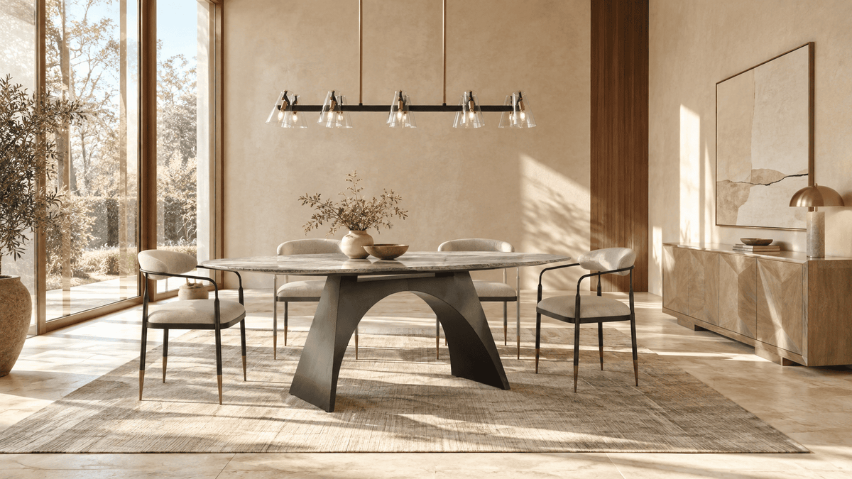 The Colbert six-seat dining table featuring a striking black and white marble surface, geometric veining, polished finish, and refined base in a sophisticated contemporary dining room.