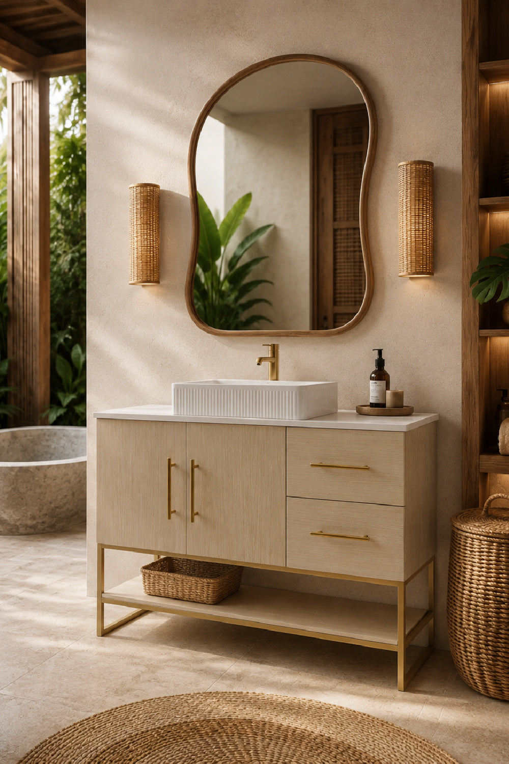 A modern bathroom vanity with a light wood cabinet, brass handles and frame, a white rectangular vessel sink, and a large organic-shaped wall mirror. The vanity is styled in a warm, sunlit bathroom with woven wall sconces, a round woven rug, and a stone tub visible in the background.