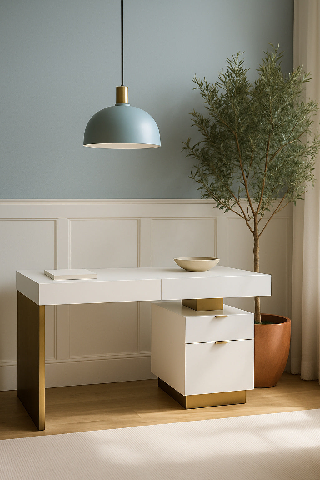 white modern desk with gold accents -www.oroa.com
