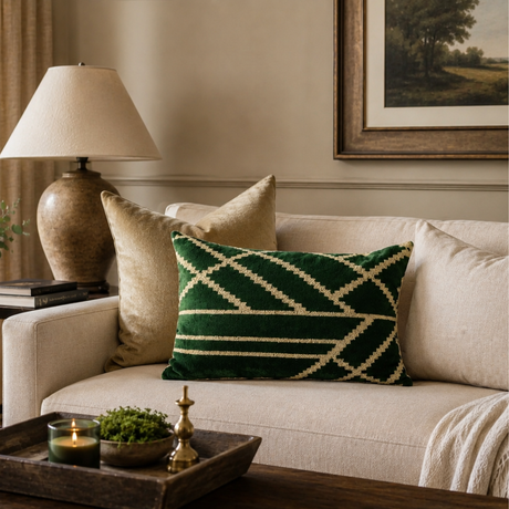 Woodlands Green Silk Velvet Ikat Throw Pillow Cover 16 X 24