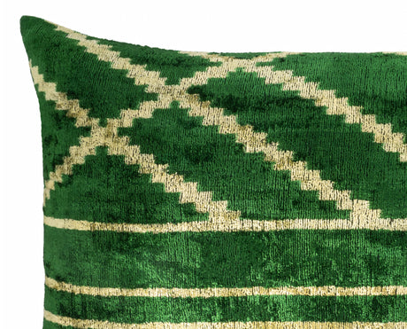 Woodlands Green Silk Velvet Ikat Throw Pillow Cover 16 X 24