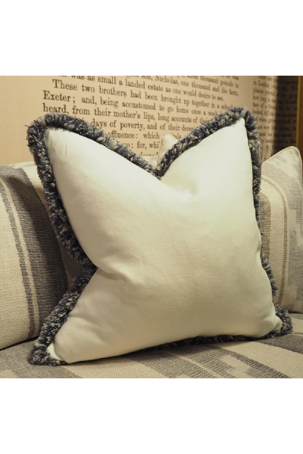 White Linen Cushion with Gray Fringe | Andrew Martin Beagle | OROA 