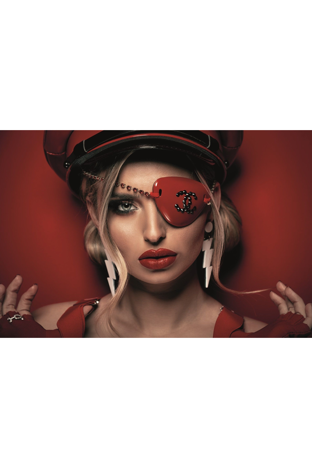 Modern Eyepatched Woman Portrait | Andrew Martin Chanel Lady In Red | Oroa.com