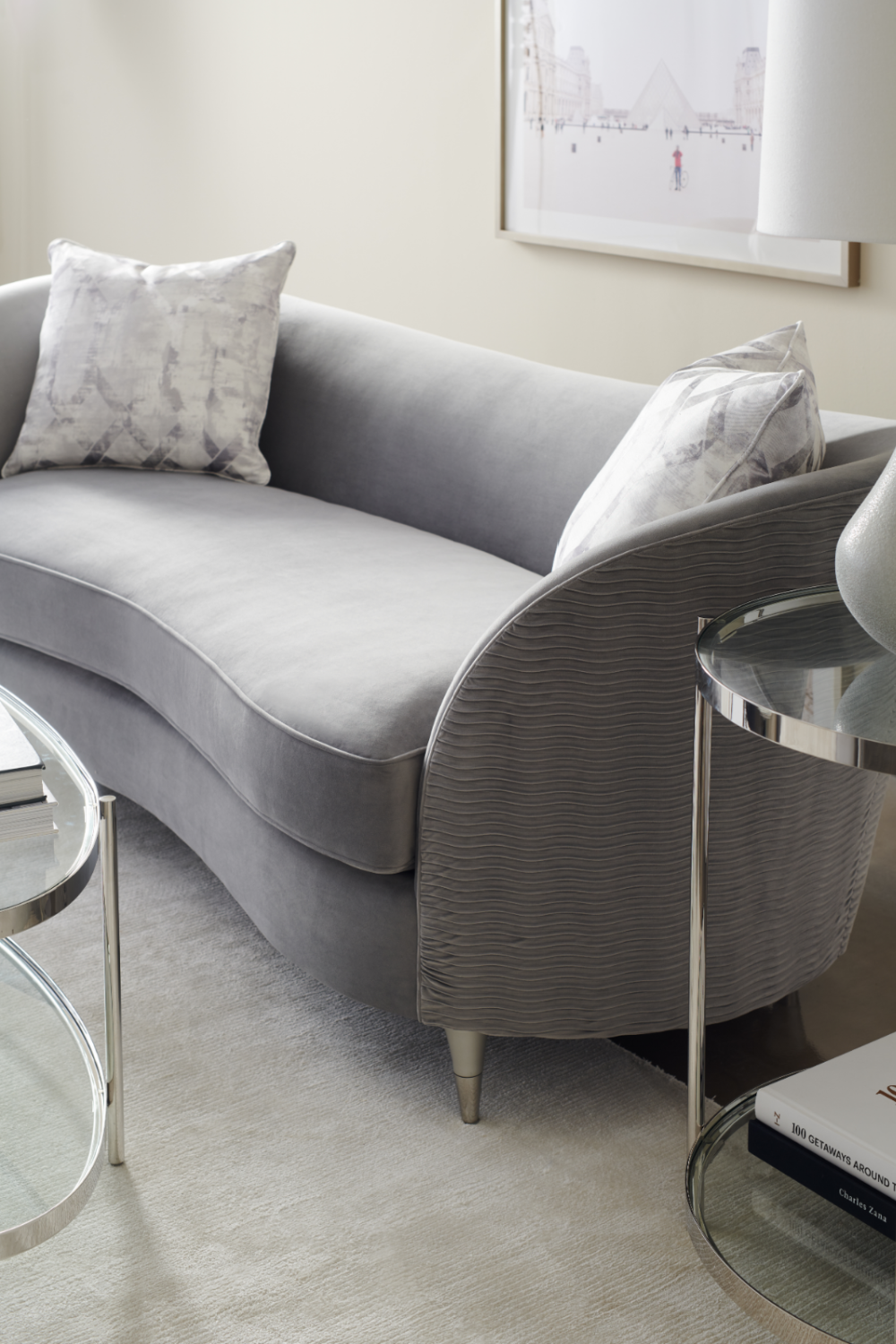 Grey velvet deals curved sofa