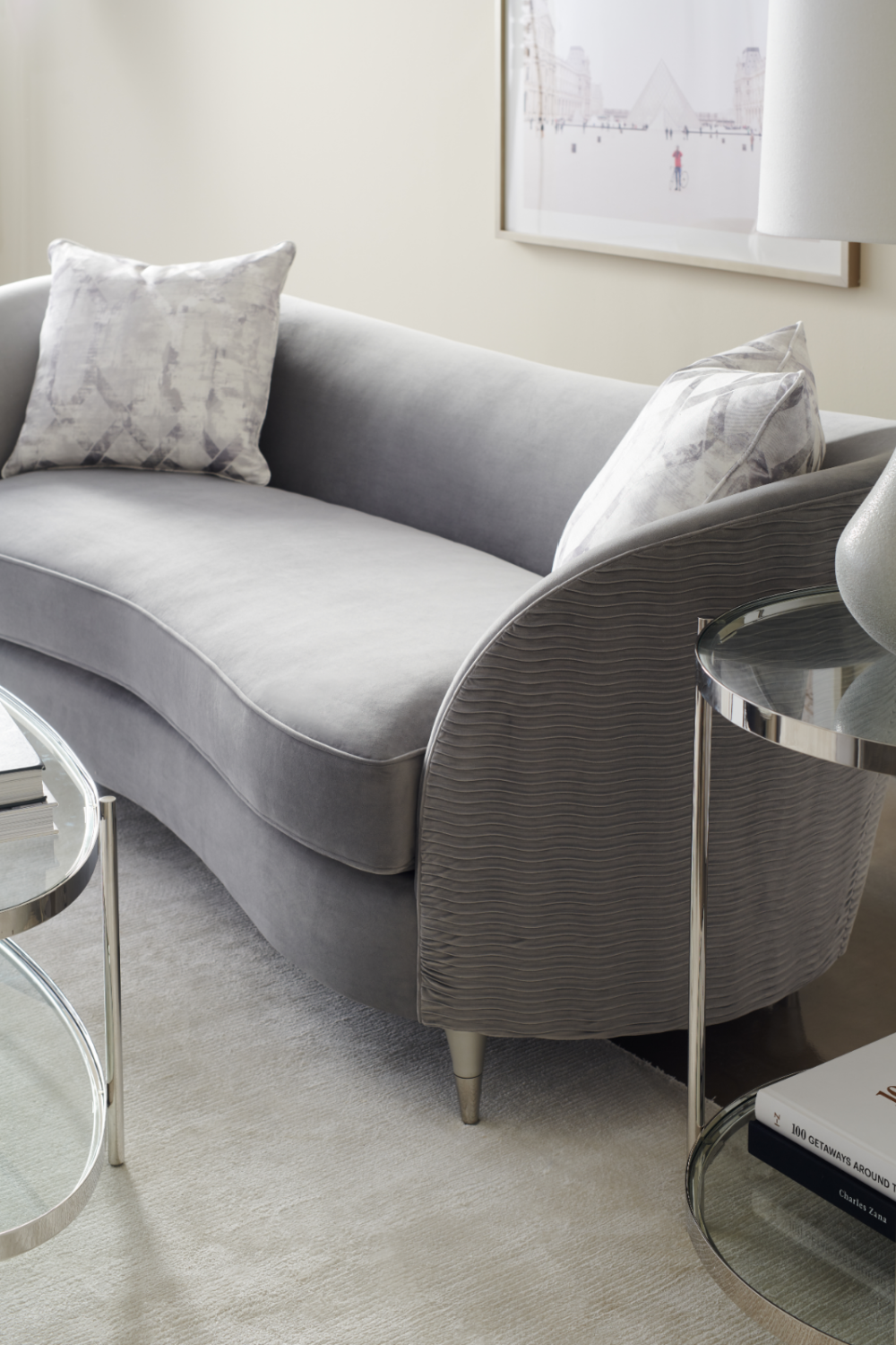 Gray Velvet Curved Sofa | Caracole Farrah | Oroa.com