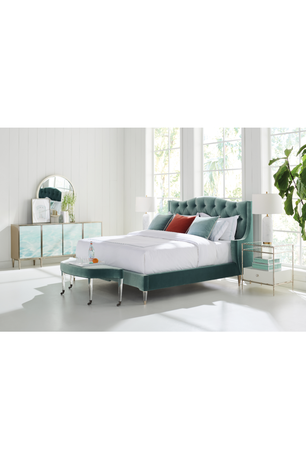 Blue Upholstered Tufted California King Bed | Caracole Do Not Disturb | Oroa.com