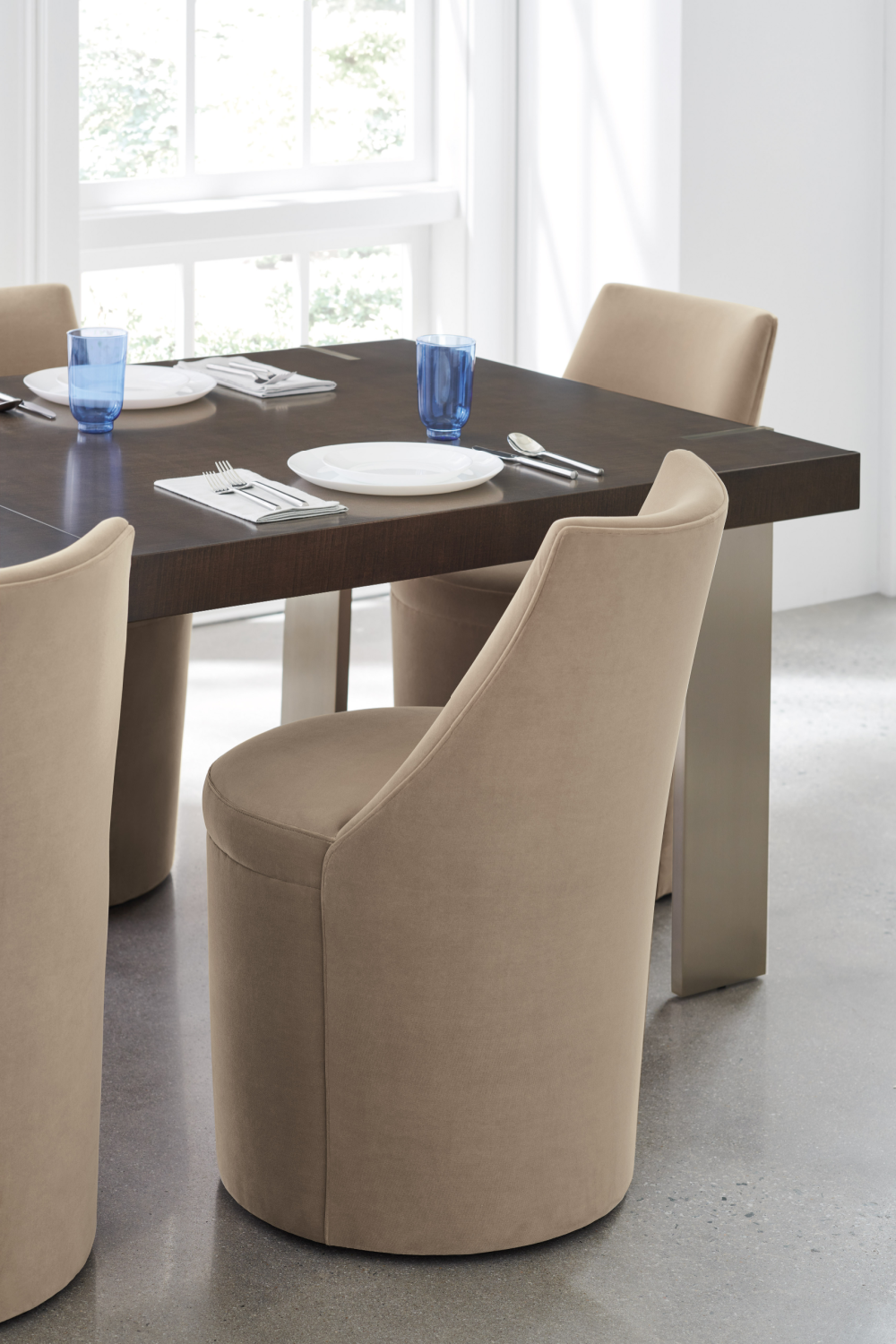 Taupe Velvet Dining Chair | Caracole Barrel Roll | Oroa.com