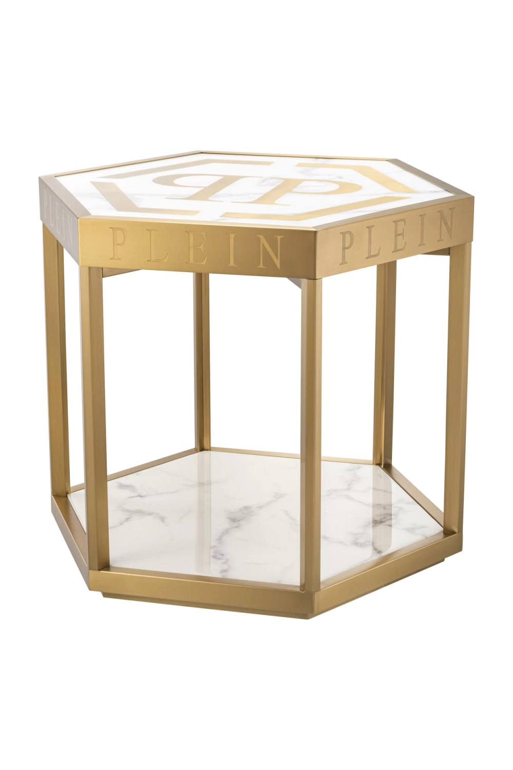 Gold Hexagonal Side Table With Undershelf | Philipp Plein Billionaire | Oroa.com